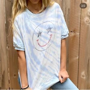 David Lerner Light Blue tie dyed Smiley Face  Tee
